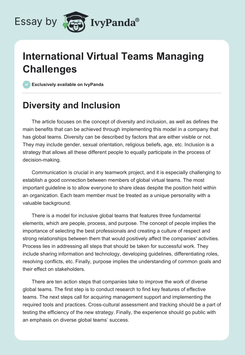 International Virtual Teams Managing Challenges. Page 1