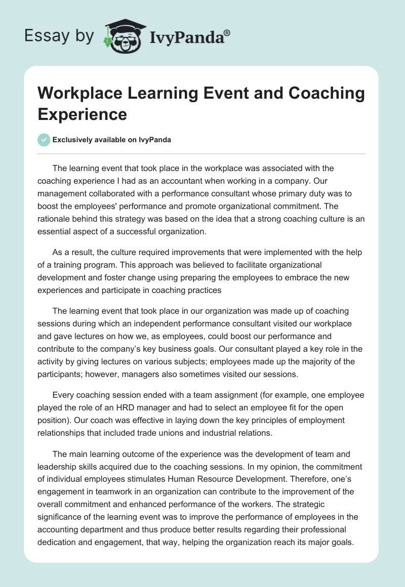 Workplace Learning Event and Coaching Experience. Page 1