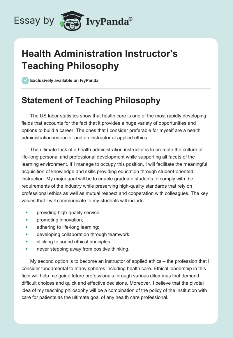Health Administration Instructor's Teaching Philosophy. Page 1