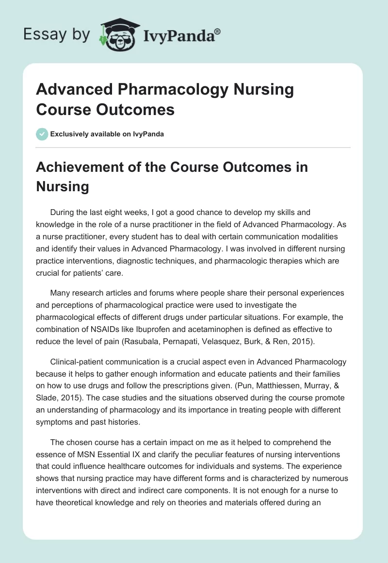 Advanced Pharmacology Nursing Course Outcomes. Page 1