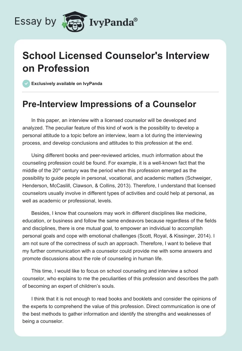 School Licensed Counselor's Interview on Profession. Page 1
