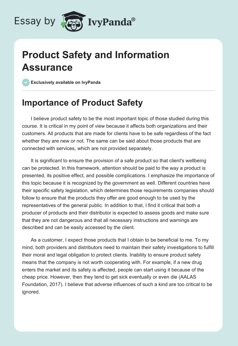 Product Safety and Information Assurance. Page 1