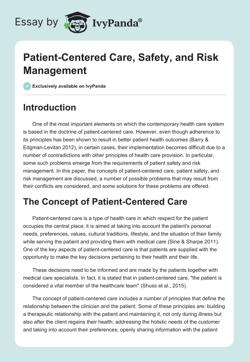 Patient-Centered Care, Safety, and Risk Management. Page 1