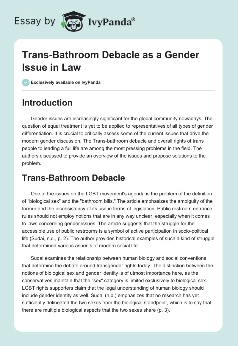 Trans-Bathroom Debacle as a Gender Issue in Law. Page 1