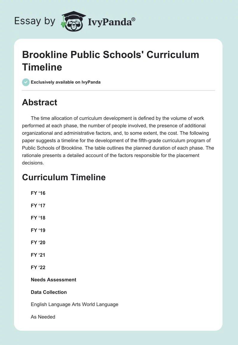 Brookline Public Schools' Curriculum Timeline. Page 1