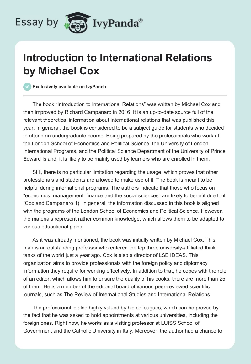 "Introduction to International Relations" by Michael Cox. Page 1