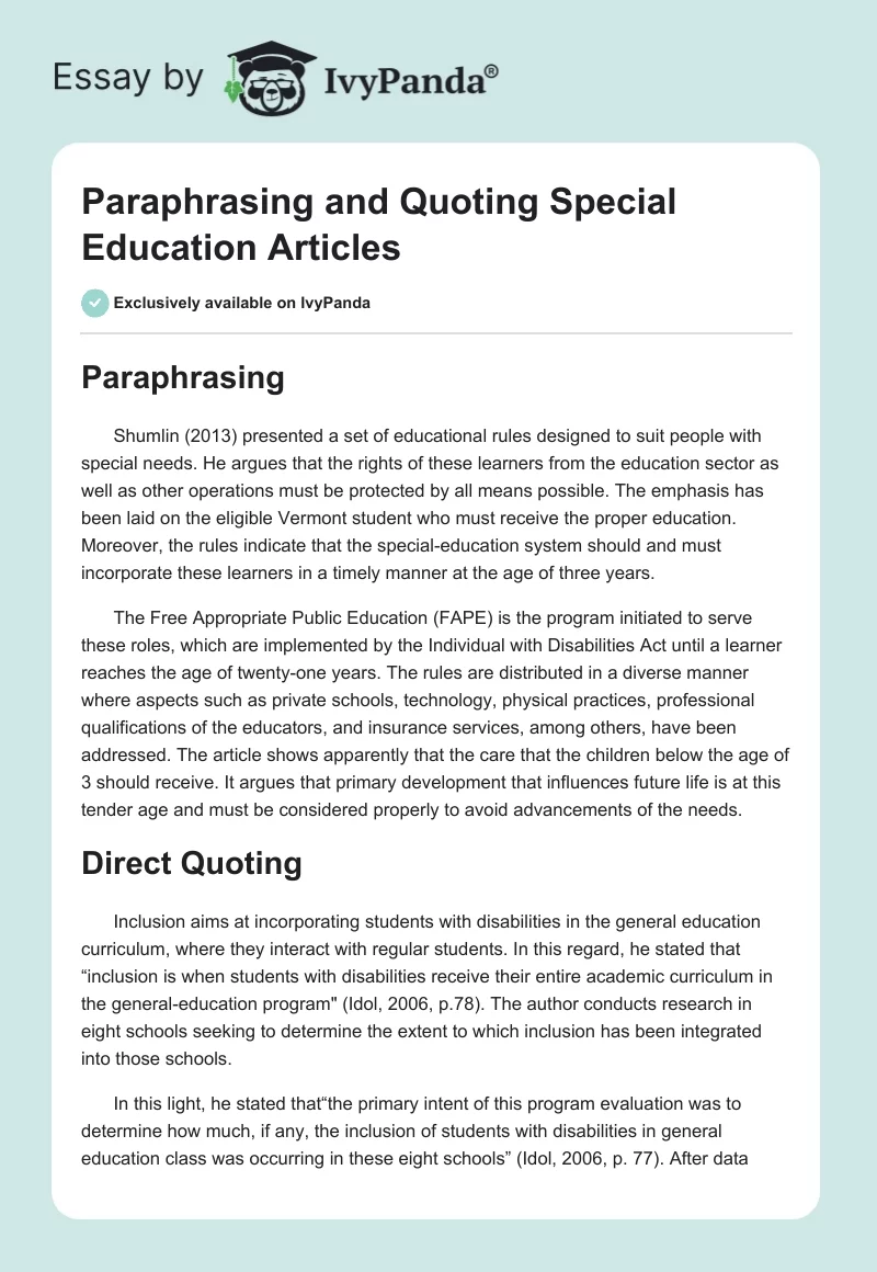 Paraphrasing & Quoting Special Education Articles 544 Words