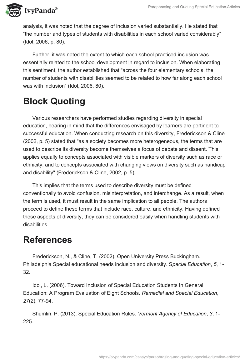 Paraphrasing and Quoting Special Education Articles. Page 2