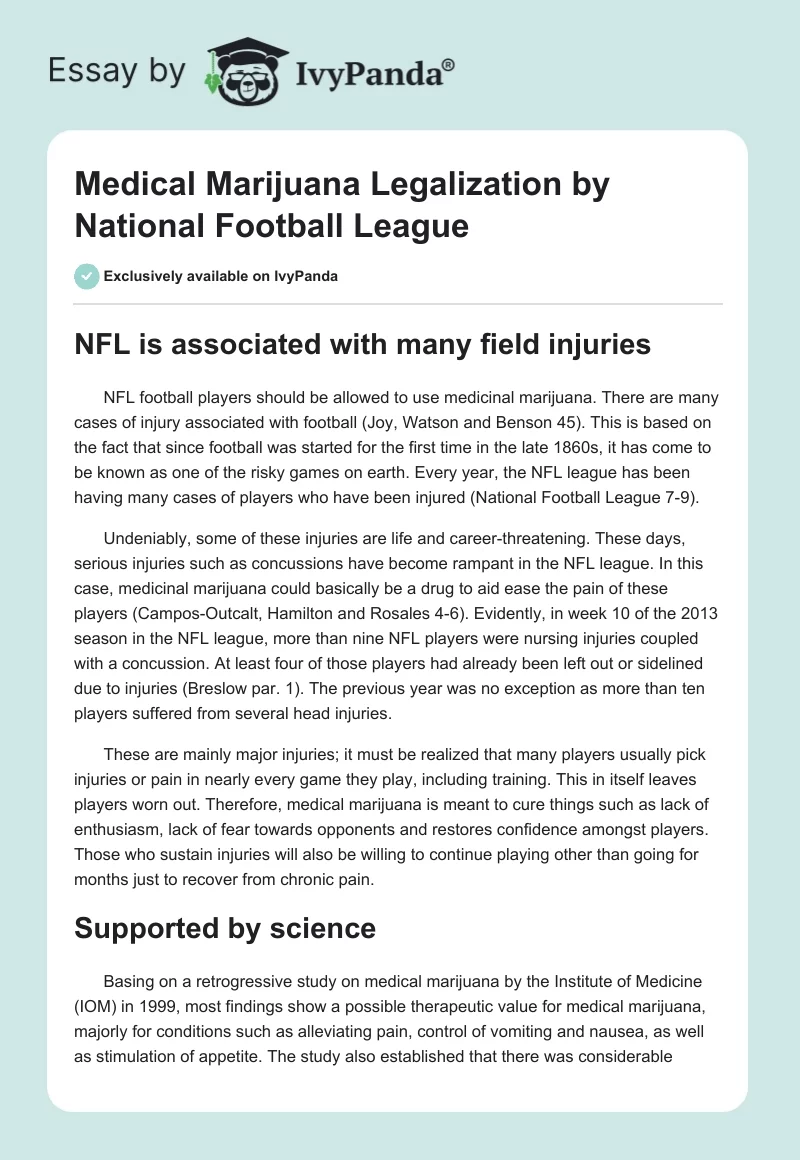 Medical Marijuana Legalization by National Football League. Page 1
