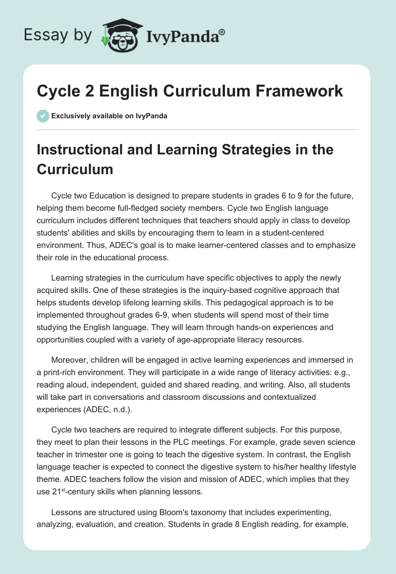 Cycle 2 English Curriculum Framework. Page 1