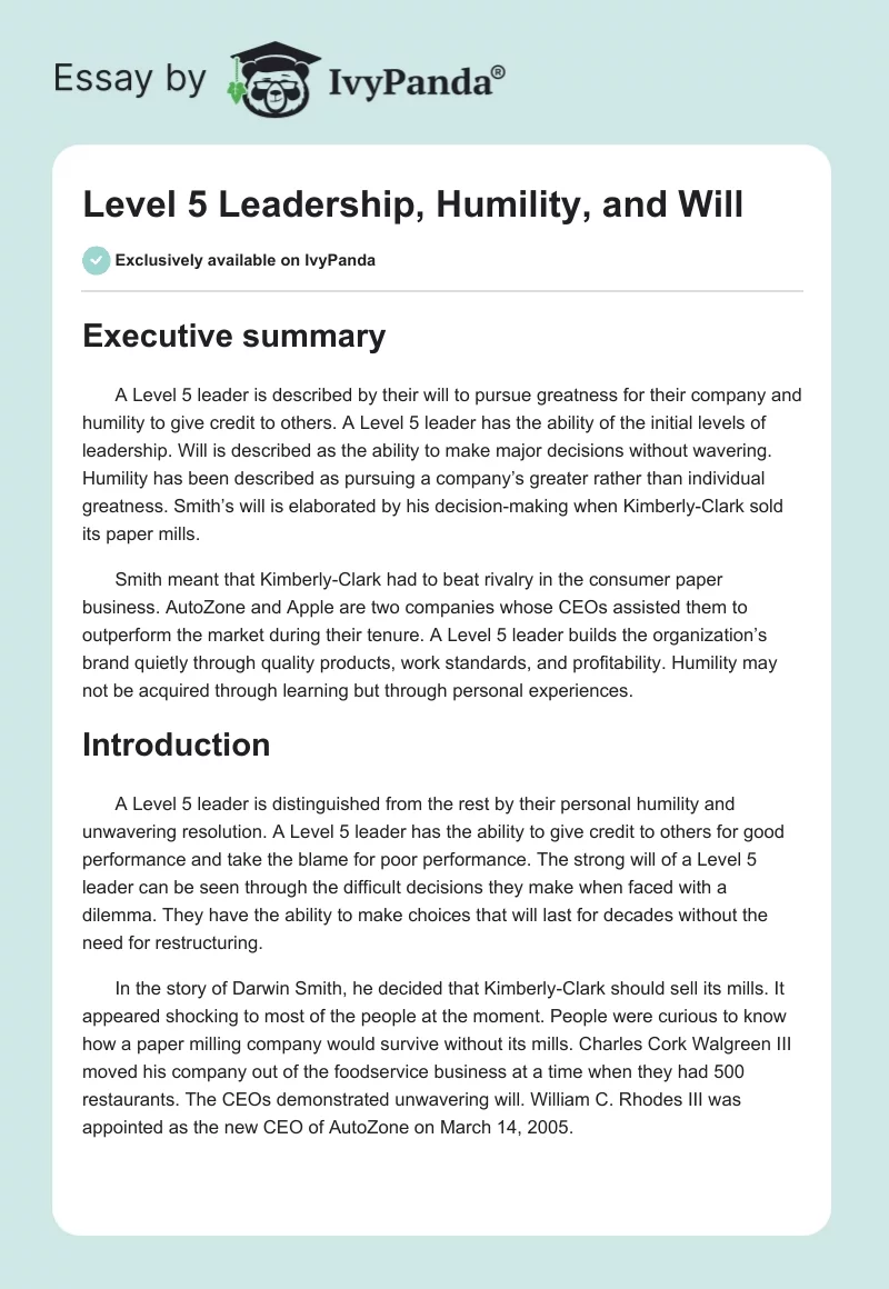 Level 5 Leadership, Humility, and Will. Page 1