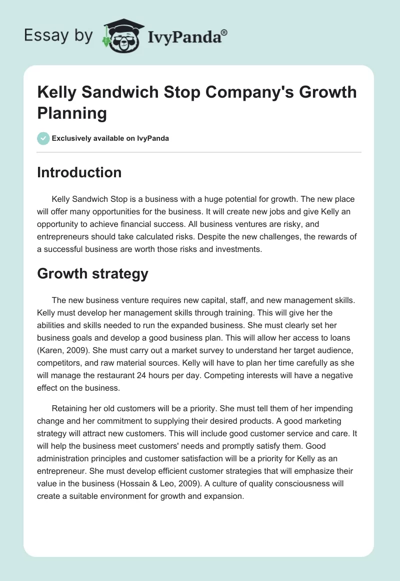Kelly Sandwich Stop Company's Growth Planning. Page 1