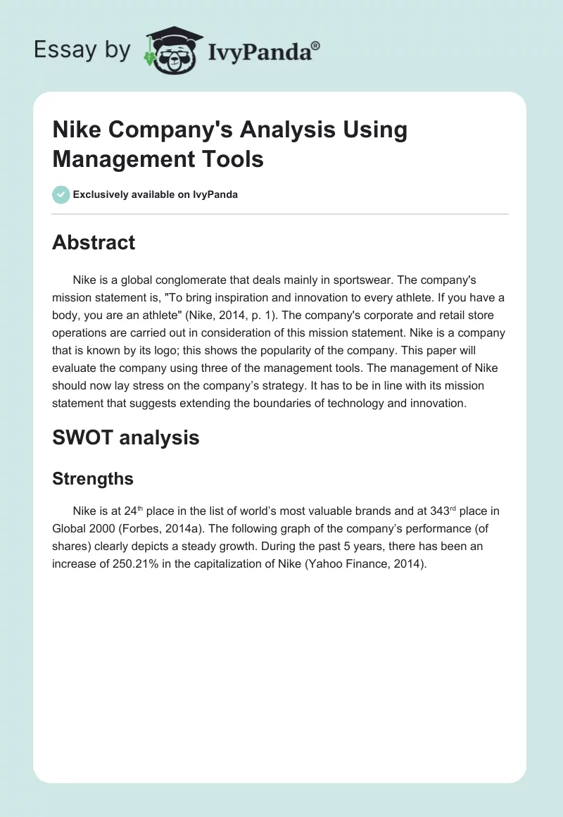 Nike Company's Analysis Using Management Tools. Page 1