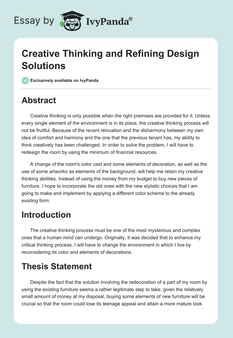Creative Thinking and Refining Design Solutions. Page 1