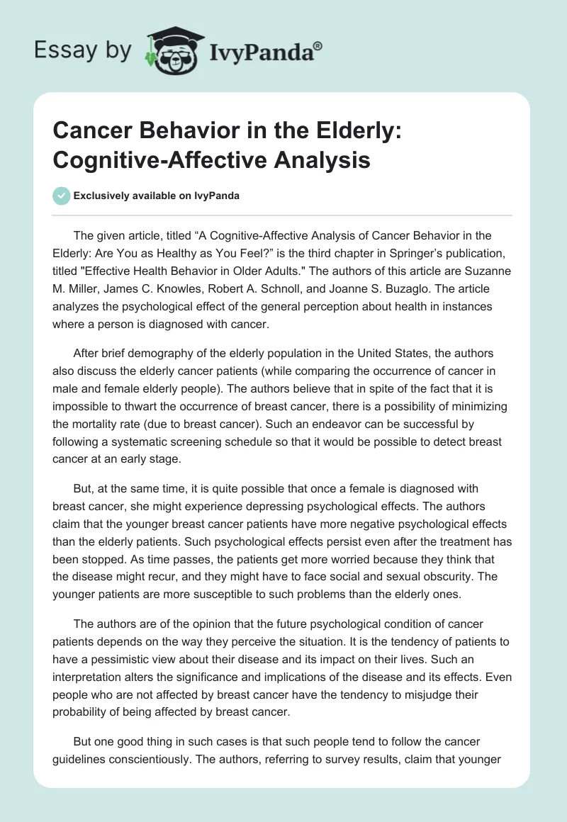 Cancer Behavior in the Elderly: Cognitive-Affective Analysis. Page 1