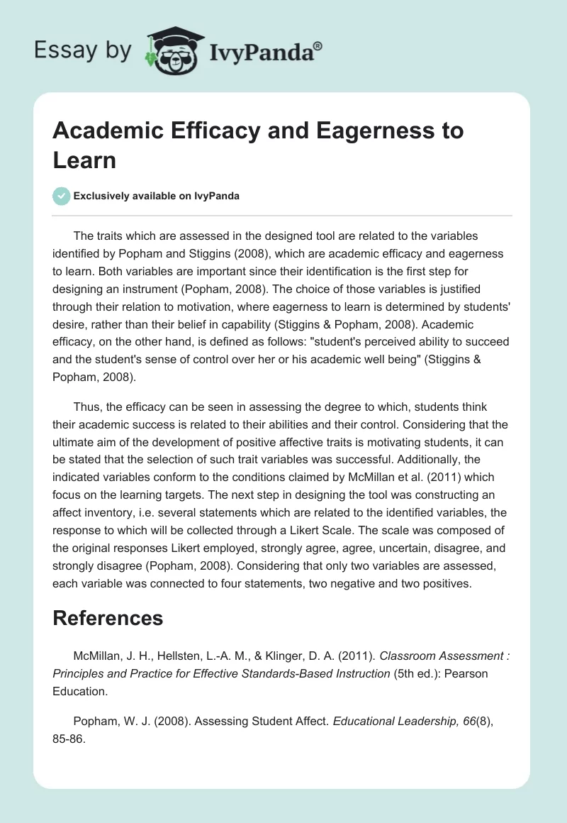 Academic Efficacy and Eagerness to Learn. Page 1