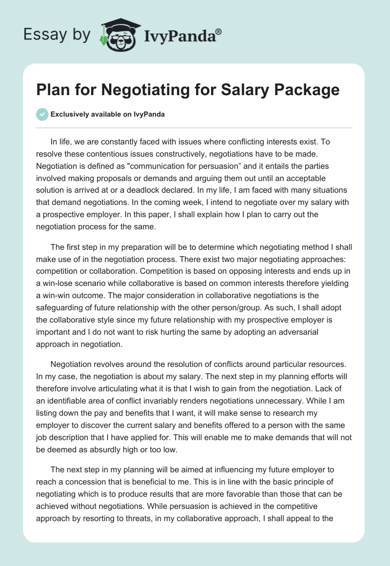 Plan for Negotiating for Salary Package. Page 1