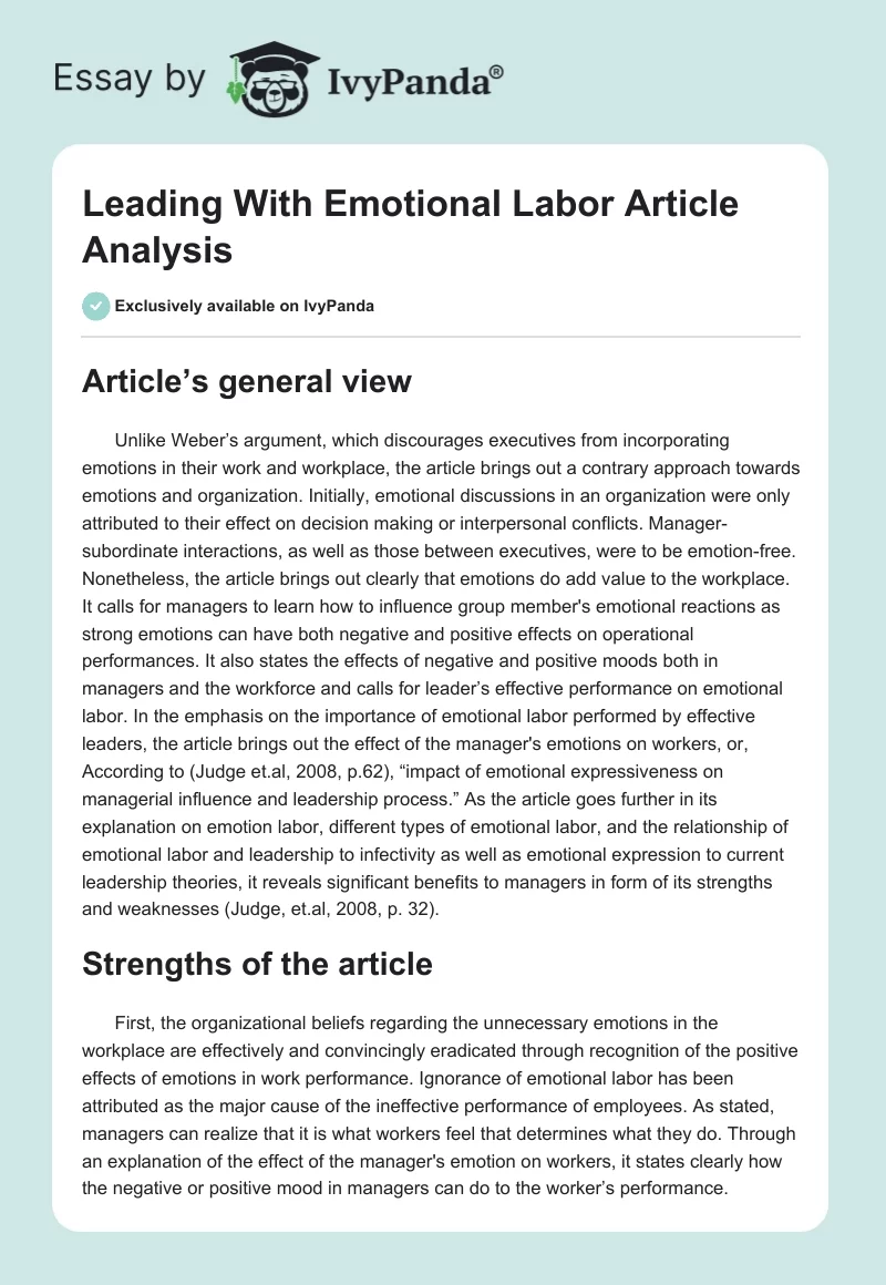 "Leading With Emotional Labor" Article Analysis. Page 1