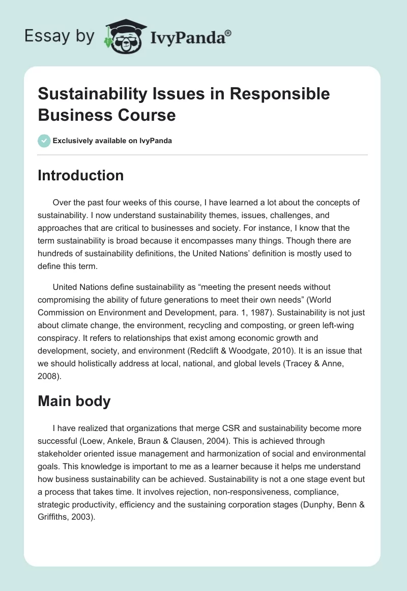 Sustainability Issues in Responsible Business Course. Page 1