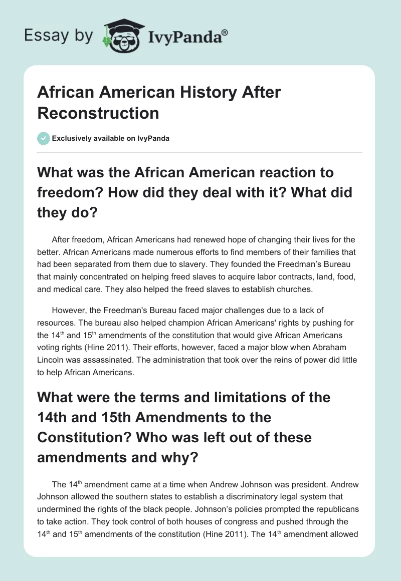 African American History After Reconstruction. Page 1