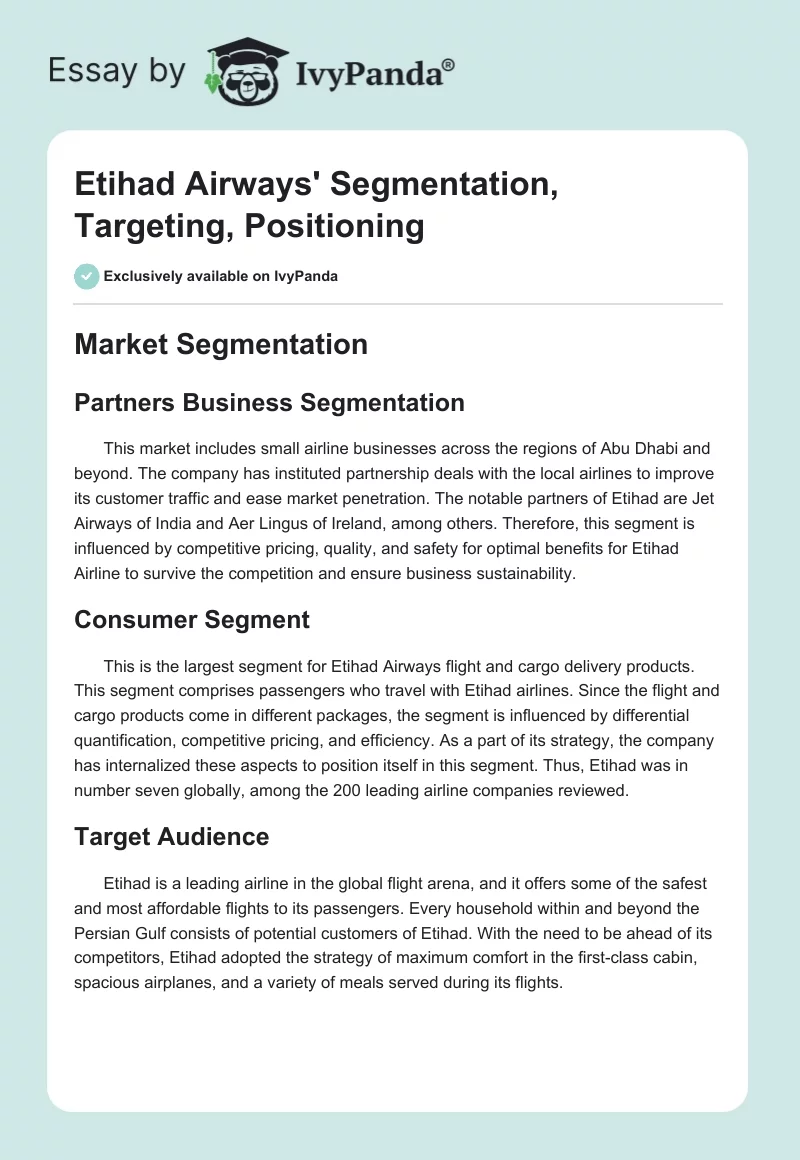 Etihad Airways' Segmentation, Targeting, Positioning. Page 1