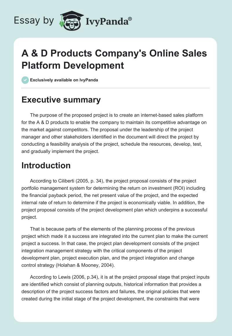 A & D Products Company's Online Sales Platform Development. Page 1
