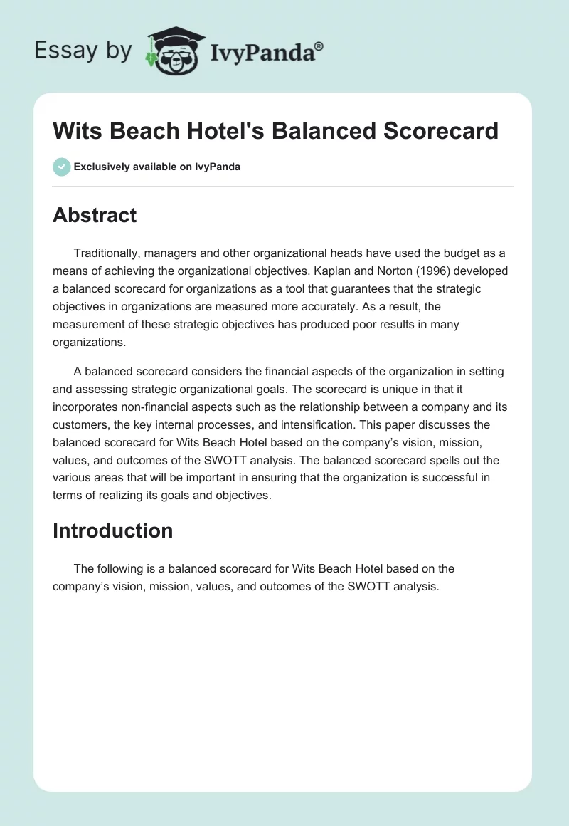 Wits Beach Hotel's Balanced Scorecard. Page 1