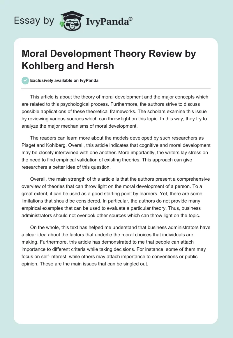 Moral Development Theory Review by Kohlberg and Hersh. Page 1