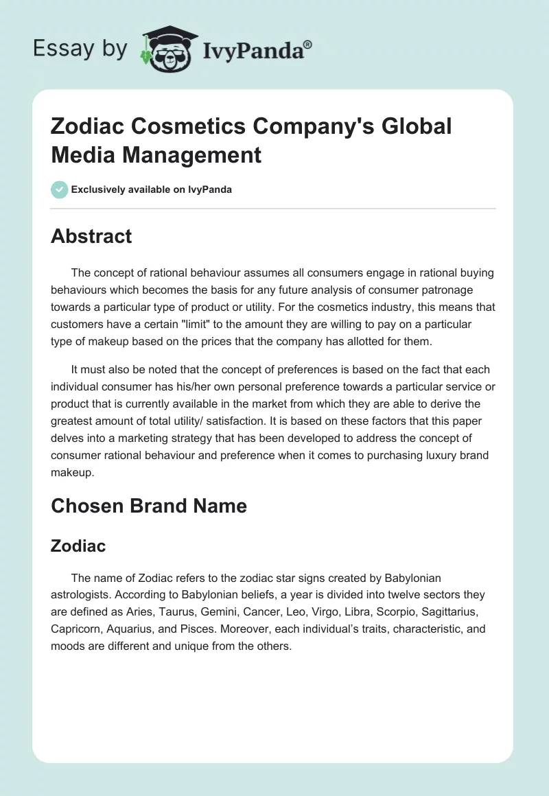 Zodiac Cosmetics Company's Global Media Management. Page 1
