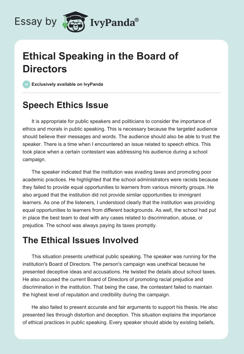 Ethical Speaking in the Board of Directors. Page 1