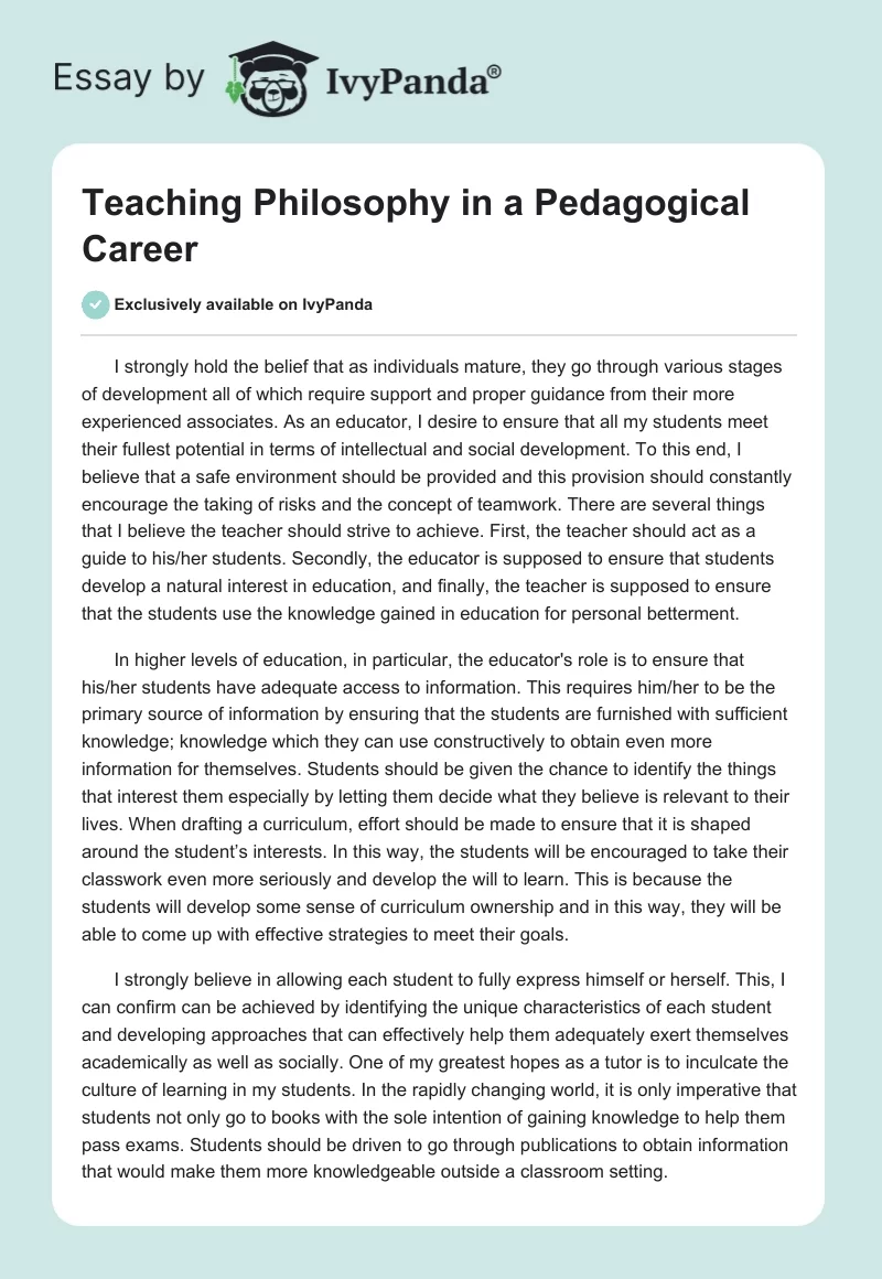 Teaching Philosophy in a Pedagogical Career. Page 1