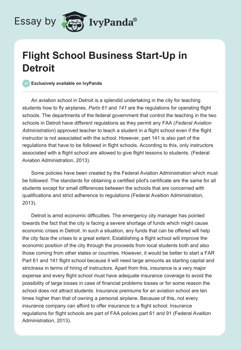 Flight School Business Start-Up in Detroit. Page 1