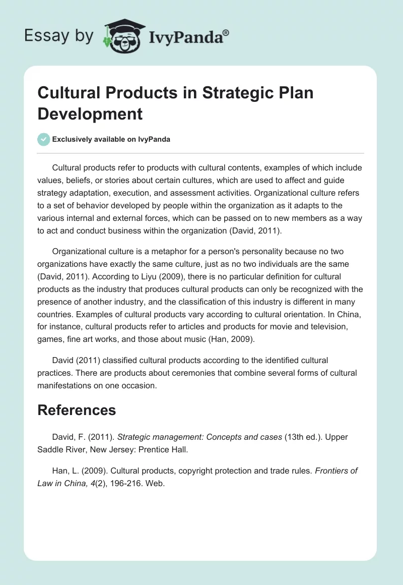 Cultural Products in Strategic Plan Development. Page 1