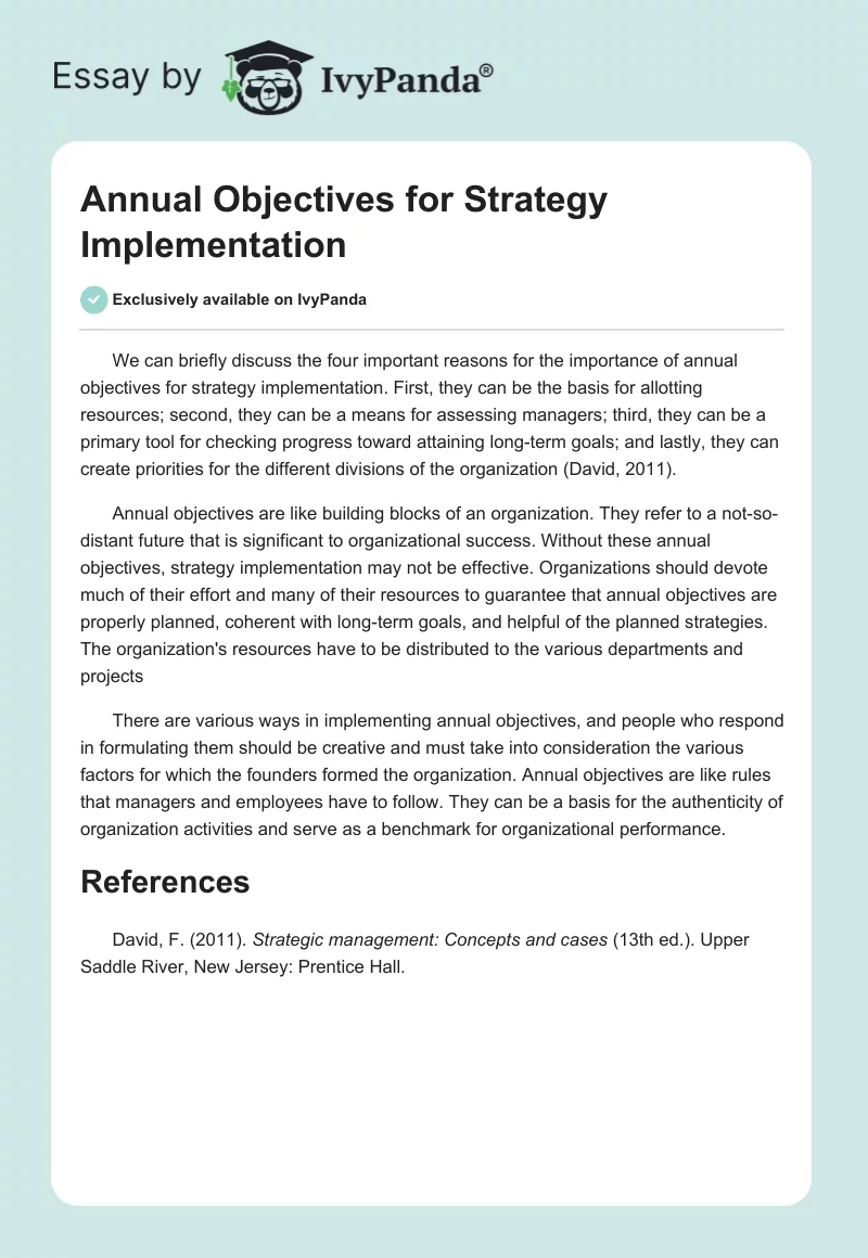 Annual Objectives for Strategy Implementation. Page 1