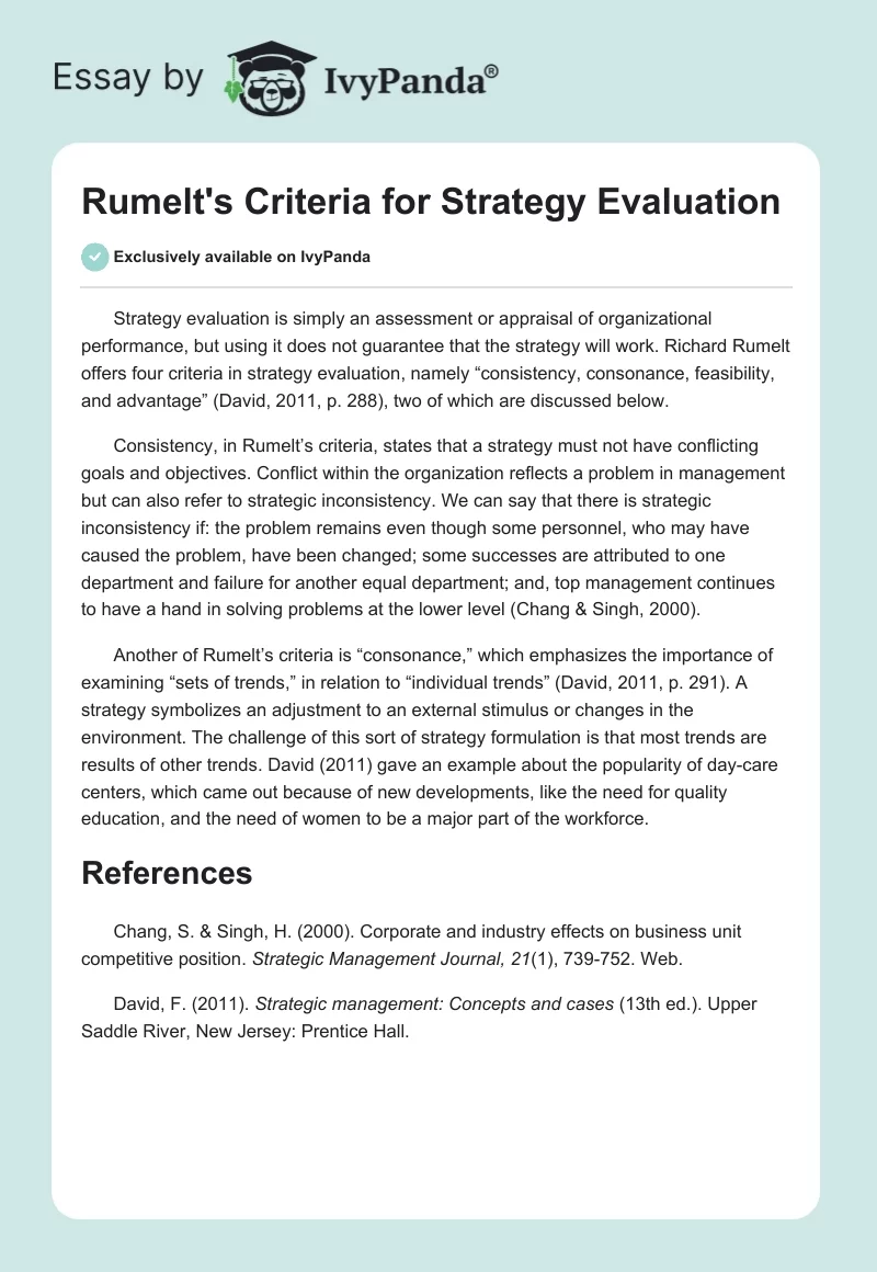 Rumelt's Criteria for Strategy Evaluation. Page 1