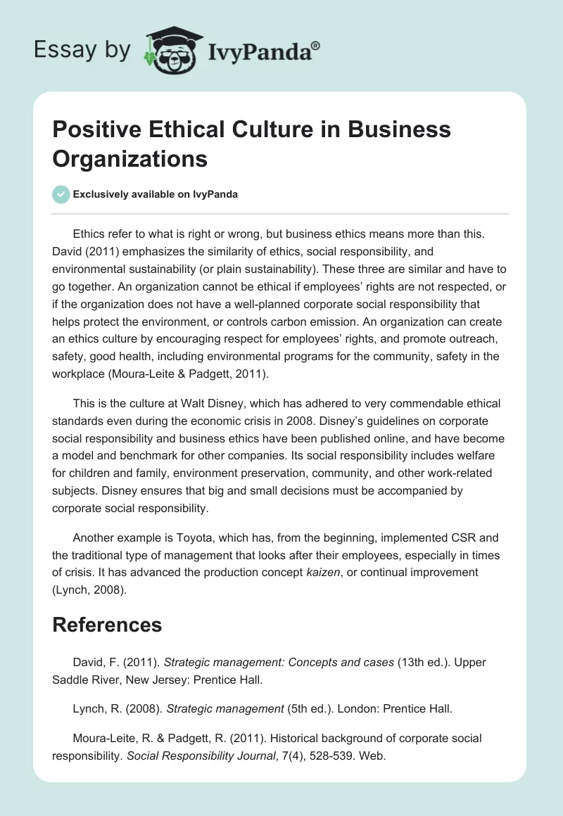 Positive Ethical Culture in Business Organizations. Page 1
