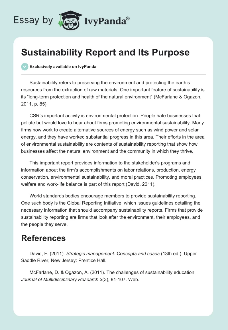 Sustainability Report and Its Purpose. Page 1