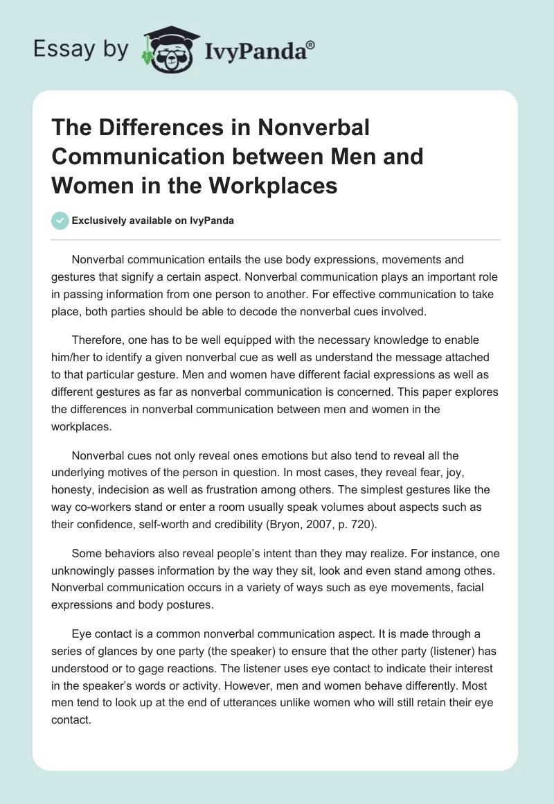 The Differences in Nonverbal Communication Between Men and Women in the Workplaces. Page 1