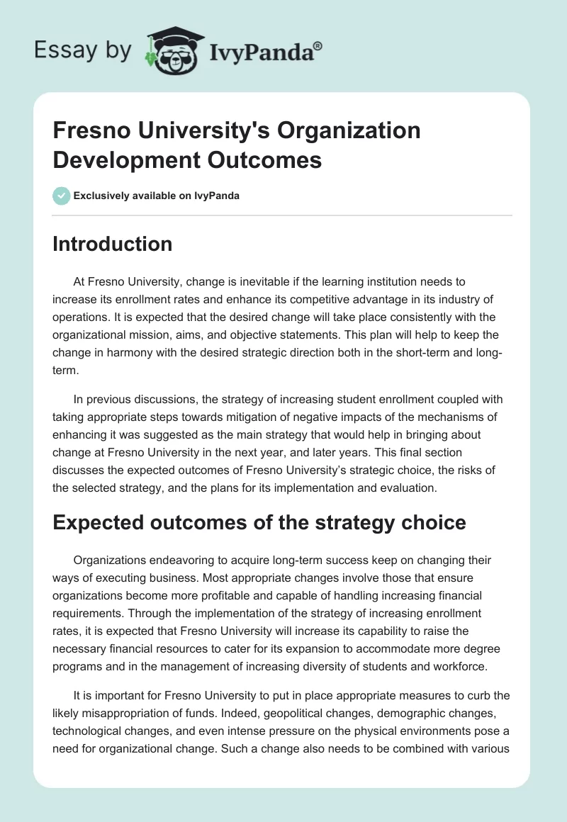 Fresno University's Organization Development Outcomes. Page 1