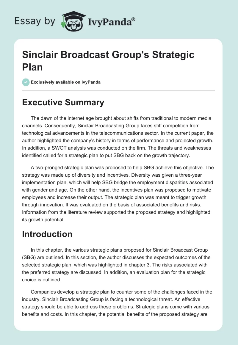 Sinclair Broadcast Group's Strategic Plan. Page 1