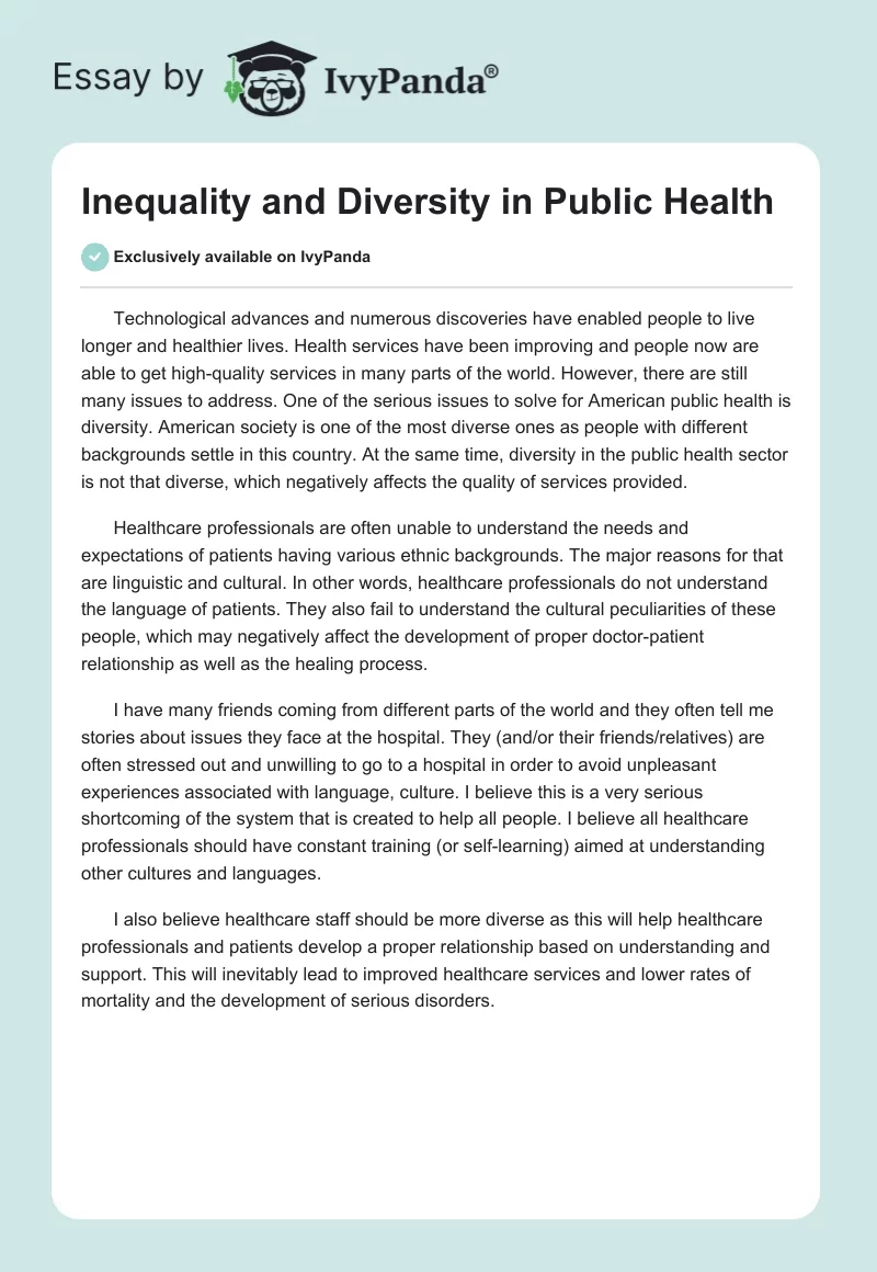Inequality and Diversity in Public Health. Page 1