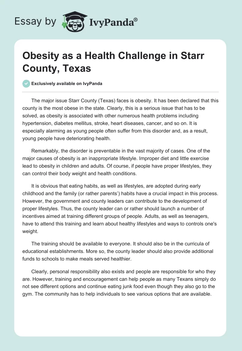 Obesity as a Health Challenge in Starr County, Texas. Page 1