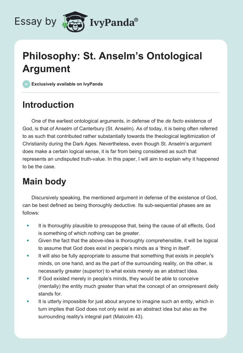 Philosophy: St. Anselm’s Ontological Argument. Page 1