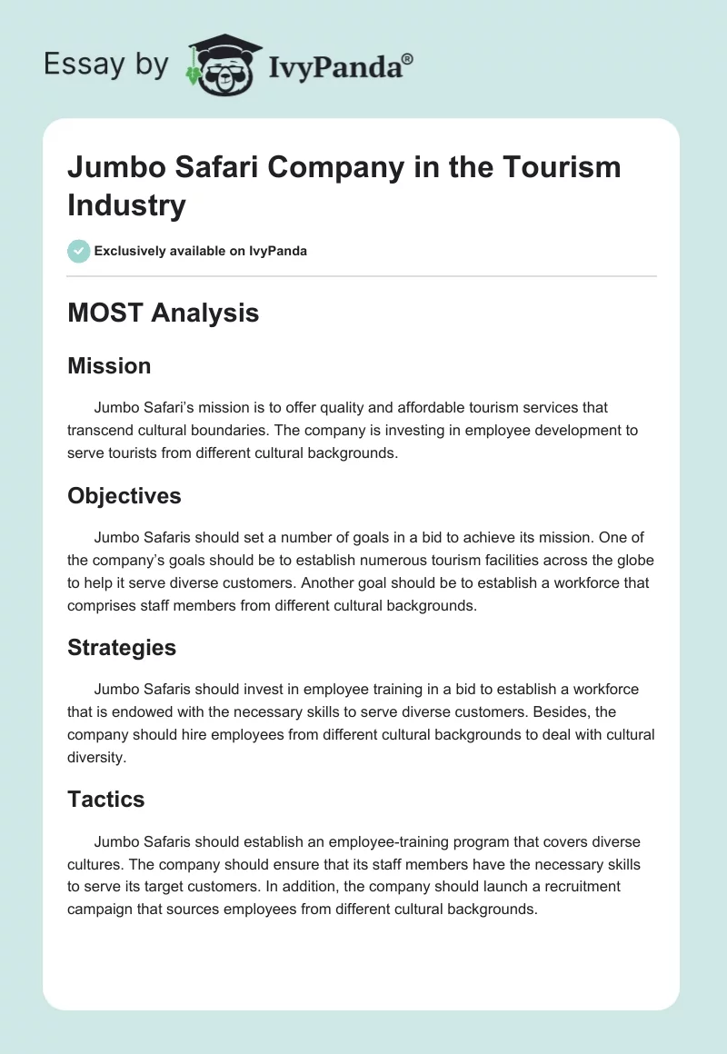 Jumbo Safari Company in the Tourism Industry. Page 1