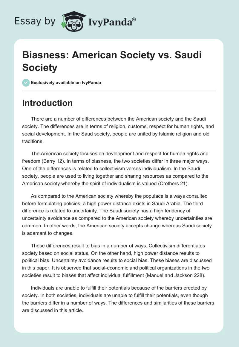 Biasness: American Society vs. Saudi Society. Page 1