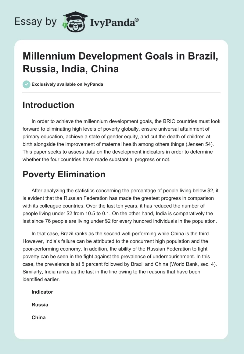Millennium Development Goals in Brazil, Russia, India, China. Page 1