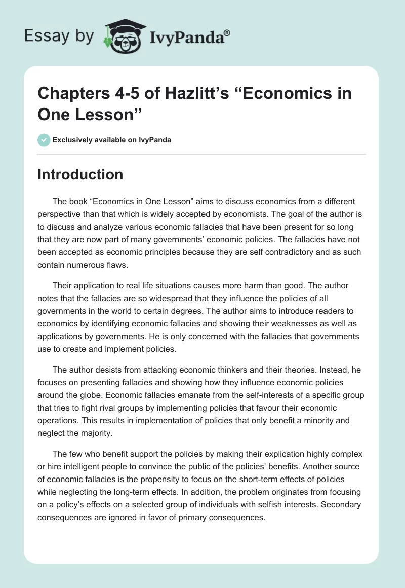 Chapters 4-5 of Hazlitt’s “Economics in One Lesson”. Page 1