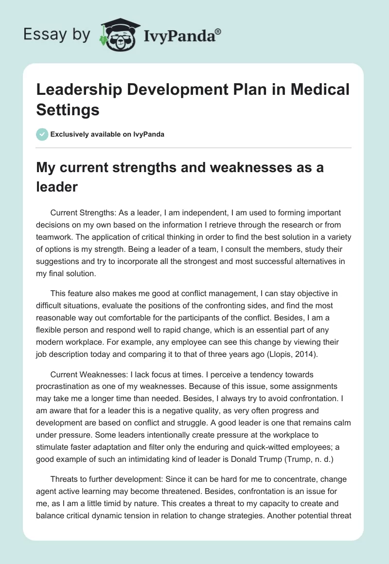 Leadership Development Plan in Medical Settings. Page 1