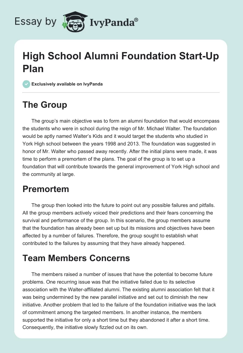 High School Alumni Foundation Start-Up Plan. Page 1