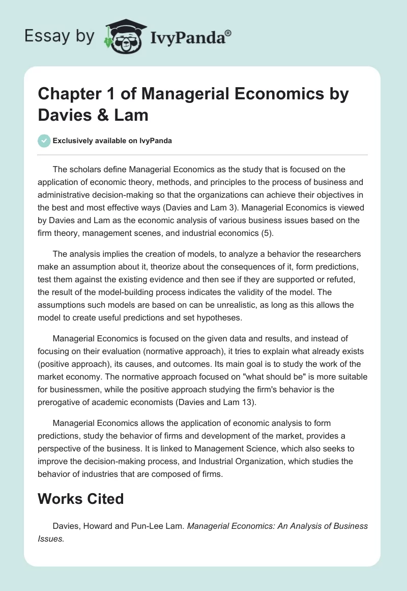 Chapter 1 of "Managerial Economics" by Davies & Lam. Page 1